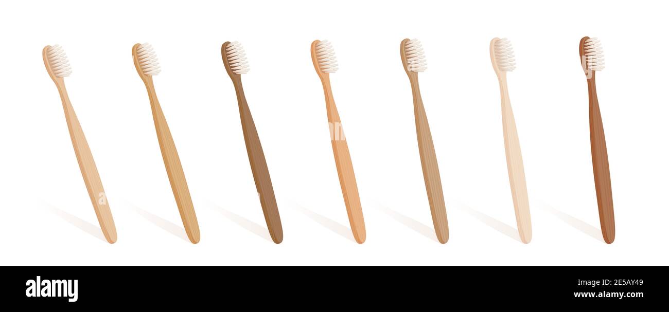 Set di spazzolini in legno con diversi colori naturali e strutture in legno - illustrazione su sfondo bianco. Foto Stock