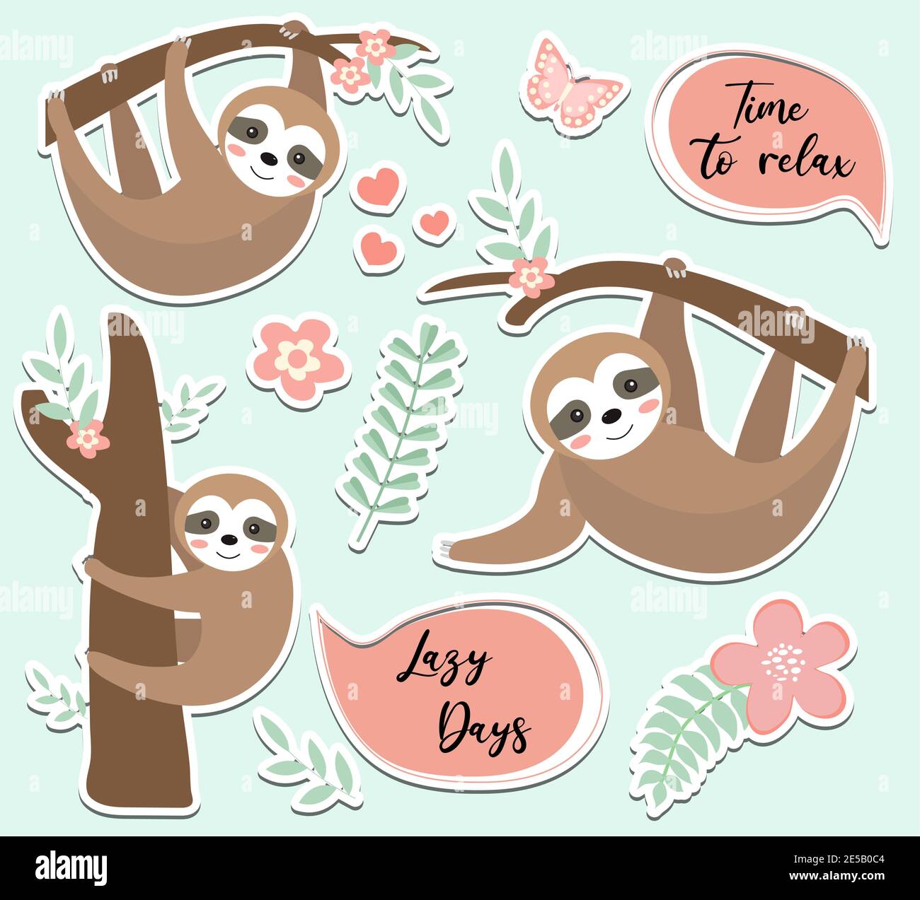 Carino set di adesivi sloth. Collezione di elementi di design con alberi, piante, fiori. Bambini baby clip art divertente sorridente animale foresta, adesivo. Vettore Illustrazione Vettoriale