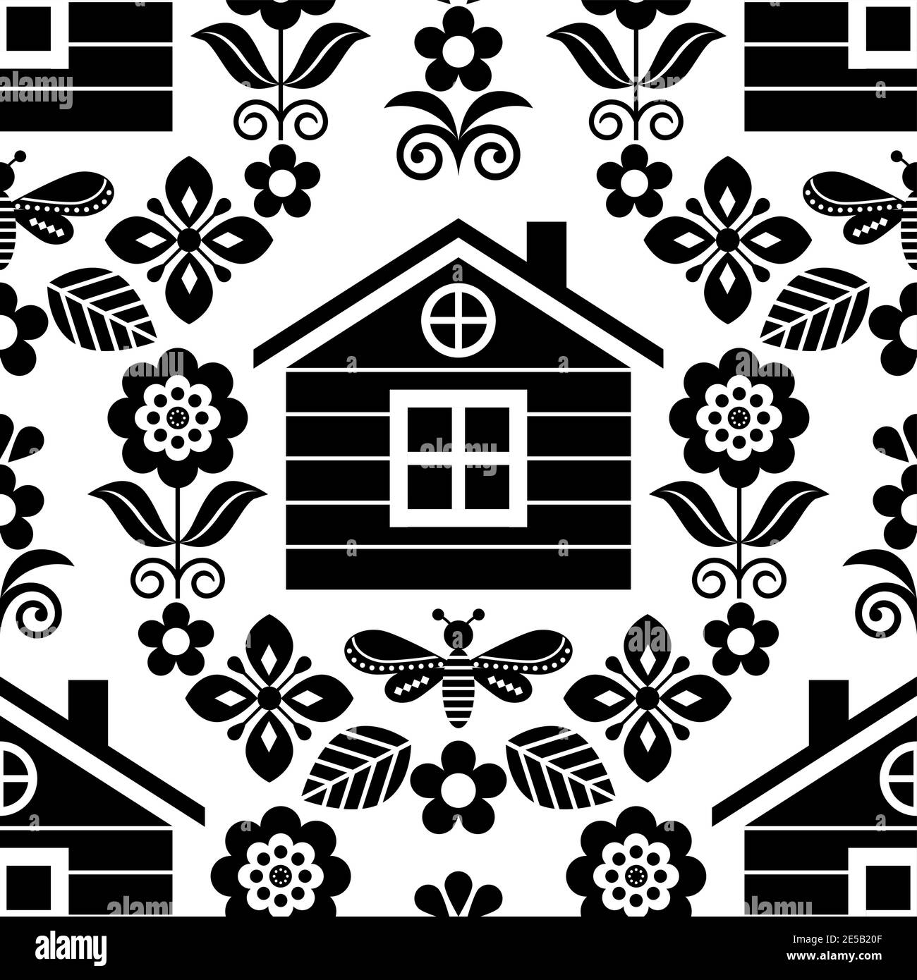 Arte folcloristica scandinava motivo floreale vettoriale senza giunture con casa finlandese o norvegese, design tessile con fiori in bianco e nero Illustrazione Vettoriale