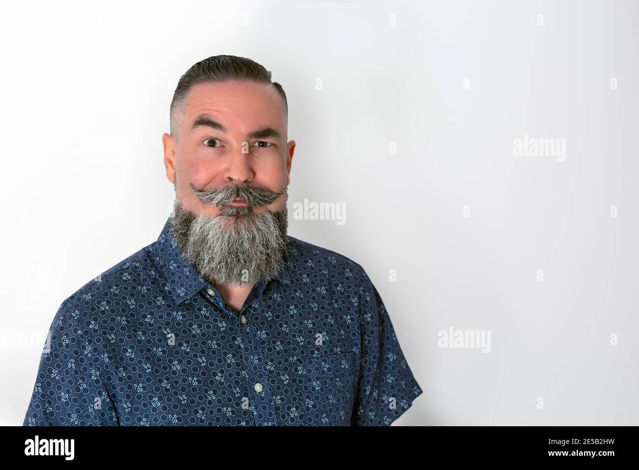 hipster con barba grande e baffi, guardando dritto e alzando un sopracciglio con un'espressione divertente Foto Stock
