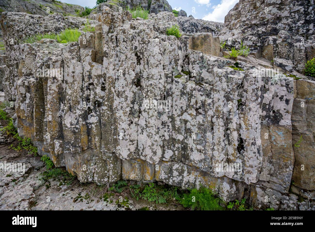 Rocce vulcaniche. Vista diurna in primavera dell'incredibile fenomeno naturale del Devil's Canyon in Bulgaria, conosciuto anche come Sheytan Dere vicino al lago artificiale Studen Kladenetz di Rhodope Mountain. Foto Stock