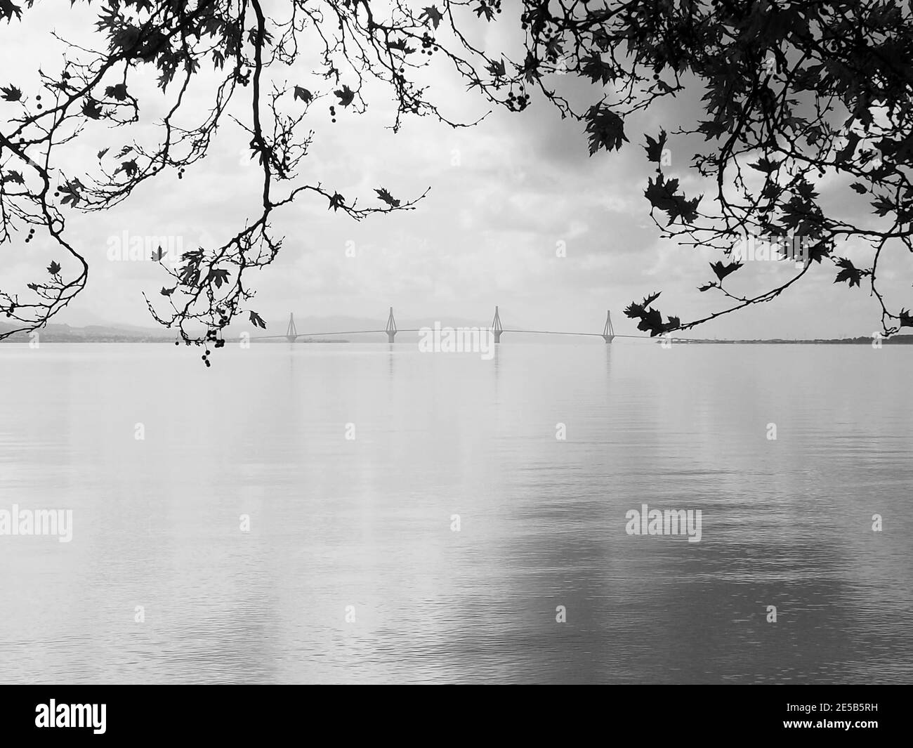 Aspetto del ponte sospeso Rio-Antirio, Grecia, visto da Nafpaktos (Lepanto) in una giornata misteriosa Foto Stock