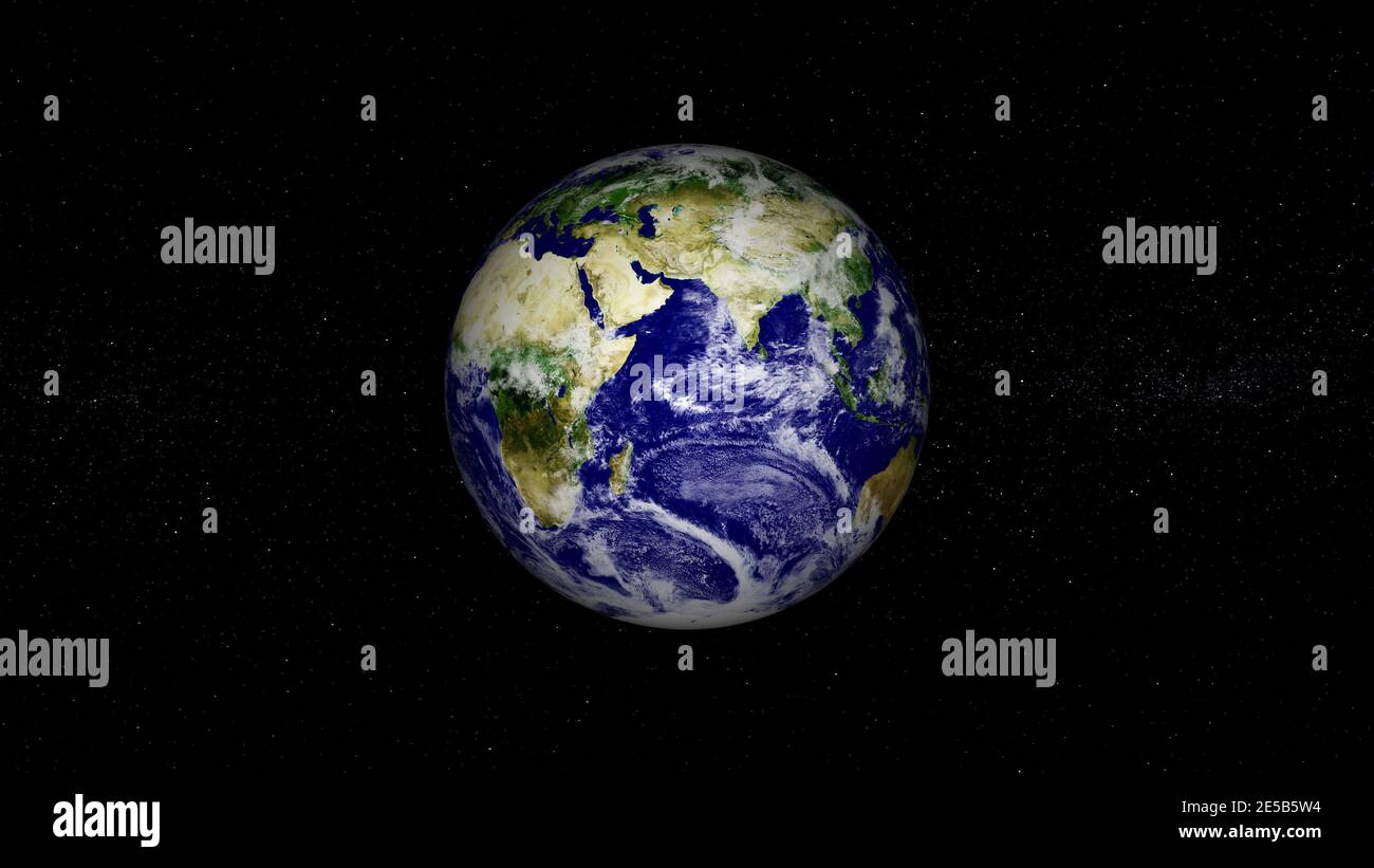 pianeta terra realistico con rendering 3d fotografico. Bellissimo pianeta verde con galassia o nebulosa colorata. Vista frontale della terra dallo spazio con le nuvole Foto Stock