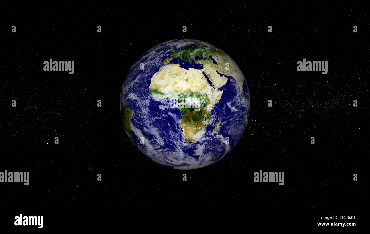 pianeta terra realistico con rendering 3d fotografico. Bellissimo pianeta verde con galassia o nebulosa colorata. Vista frontale della terra dallo spazio con le nuvole Foto Stock