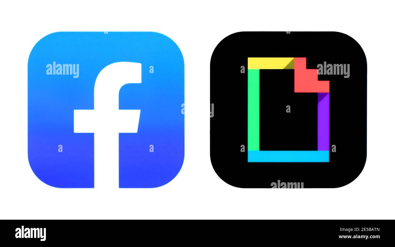 Kiev, Ucraina - 14 settembre 2020: Icone Facebook e GPHY, stampate su carta. Facebook ha acquistato Giphy, un database online americano e un motore di ricerca Foto Stock
