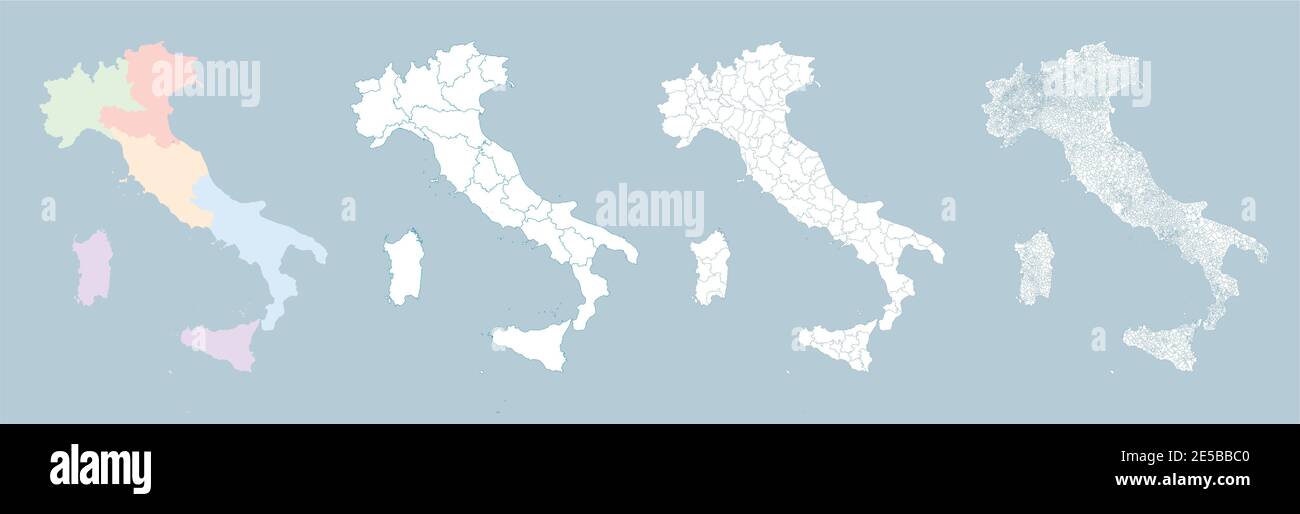 Mappa dell'Italia, divisione per zone, regioni, province e comuni. Poligoni chiusi e perfettamente modificabili, riempimento poligono e tracciati di colore modificabili Illustrazione Vettoriale