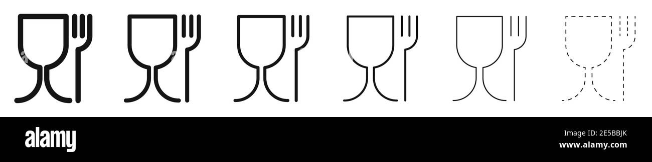 Plastica per alimenti. Serie di segni vettoriali con spessore di linea diverso. Materiale sicuro per gli alimenti. Bicchiere di vino e simbolo della forchetta Illustrazione Vettoriale