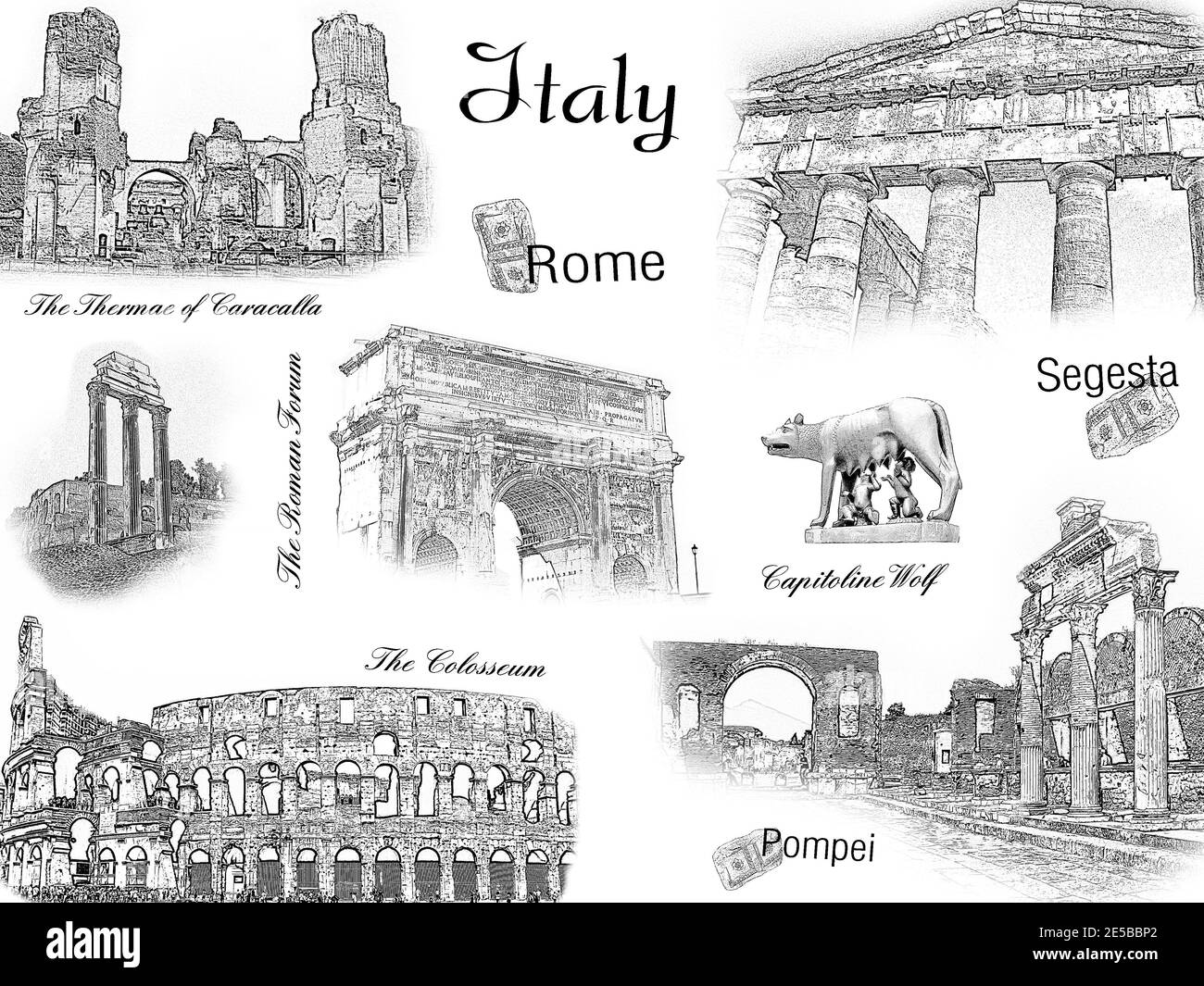 Concetto di viaggio, collage d'arte. Antiche attrazioni di Roma, Pompei, Segesta. Antichità italiane: Il Foro Romano, le Terme di Caracalla, il Colosseo Foto Stock