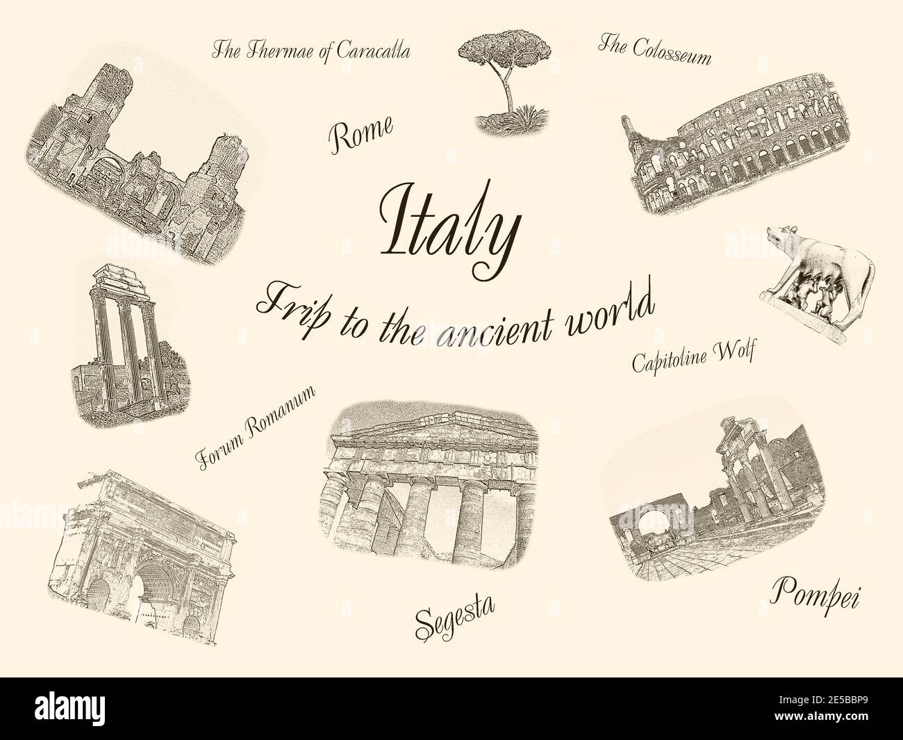Italia. Viaggio nel mondo antico. Concetto di viaggio con colori seppia. Famosi monumenti storici italiani, attrazioni. Arte cartolina design, poster turistico Foto Stock