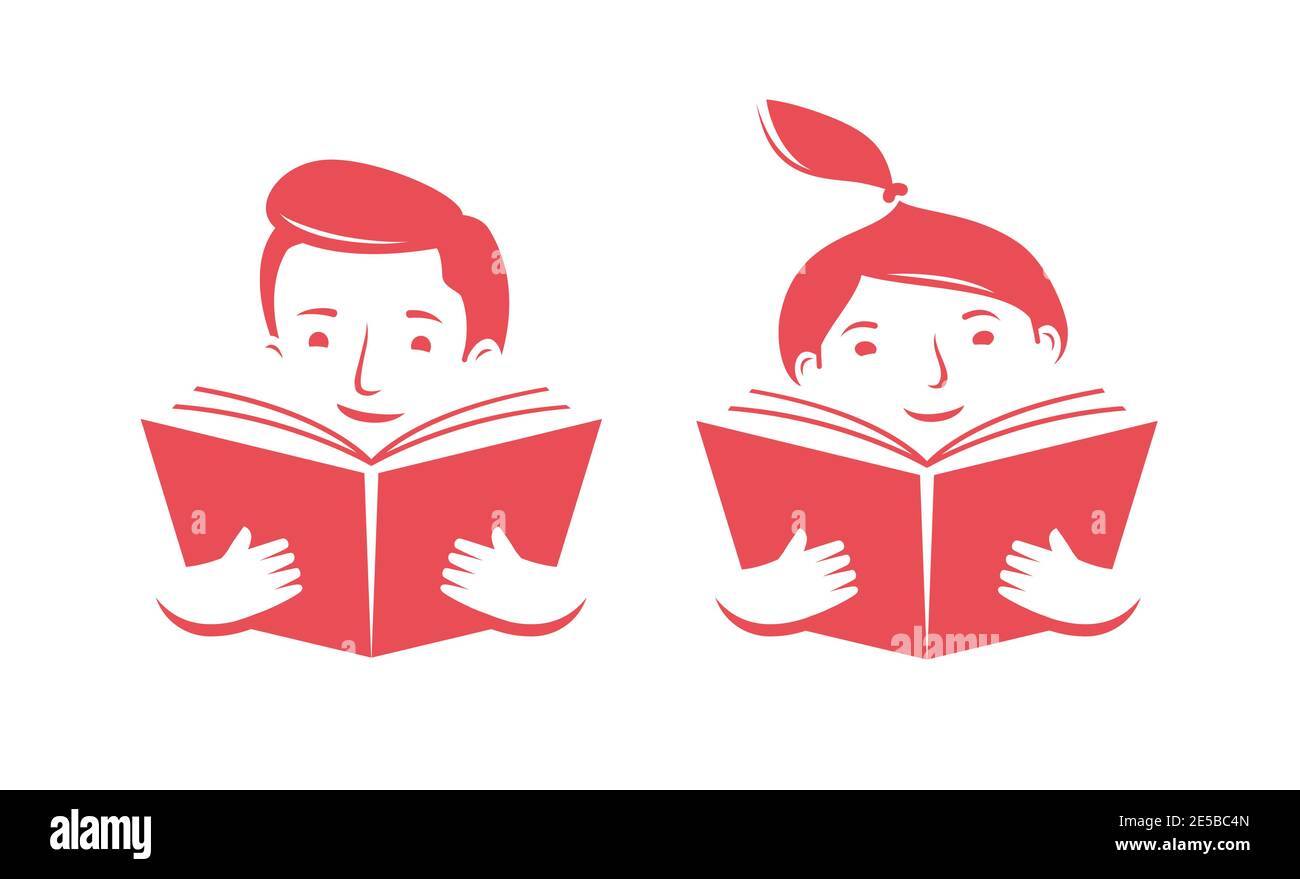 Libro di lettura felice del bambino. Apprendimento, vettore di simboli dello studio Illustrazione Vettoriale