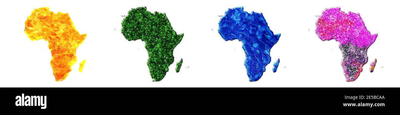 Rappresentazione 3d delle mappe africane fuori fuoco, erba, acqua, glitter su sfondo bianco Foto Stock