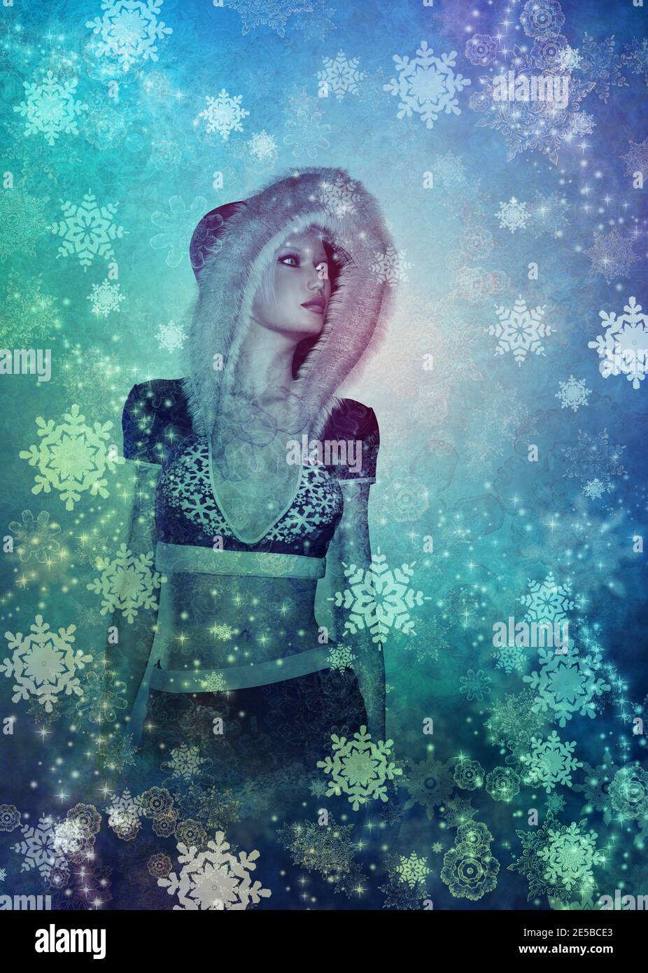 Fantasy 3d reso ritratto ragazza inverno su sfondo morbido con fiocchi di neve, illustrazione digitale. Foto Stock