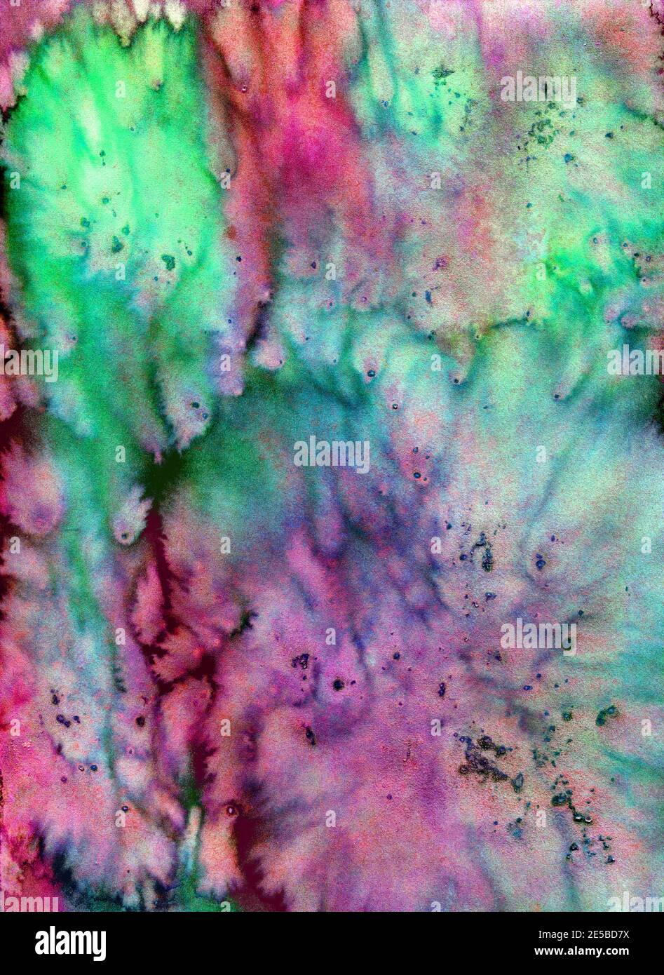 Sfondo multicolore ad acquerello con effetto granulazione. Colori rosa, verde e smeraldo. Foto Stock