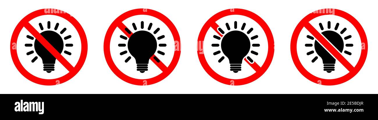 Nessuna icona della lampadina. La lampadina è vietata. Stop o BAN rosso con l'icona della lampadina. Illustrazione vettoriale. Set di cartelli non consentiti. Illustrazione Vettoriale