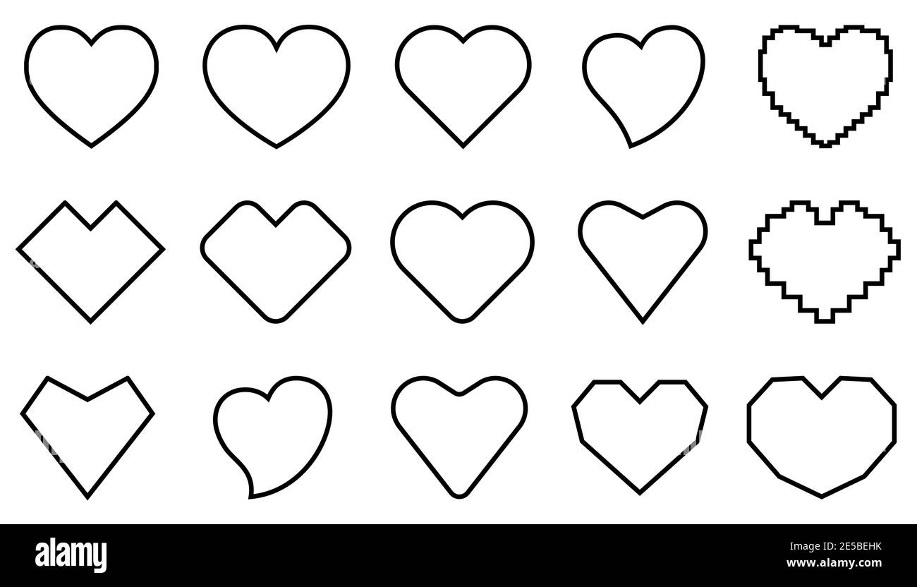 Icone del cuore impostate. Icone a cuore nero in un design lineare piatto. Simbolo d'amore isolato. Illustrazione vettoriale. Illustrazione Vettoriale