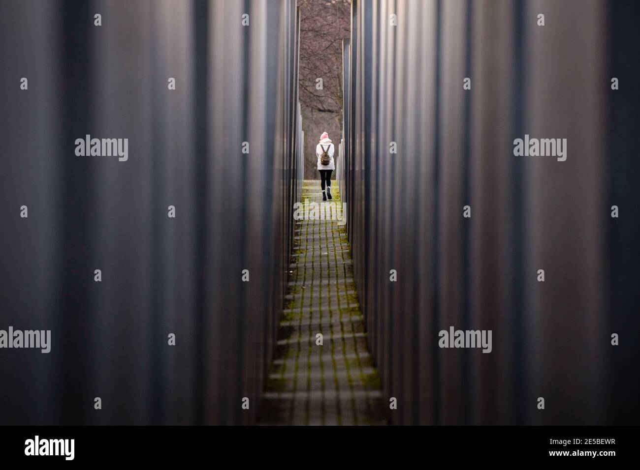 Berlino, Germania. 27 gennaio 2021. Germania, Berlino, 27 gennaio 2021: Una donna può essere vista al Memoriale degli ebrei assassinati d'Europa (in tedesco: Denkmal für die ermordeten Juden Europas), noto anche come Memoriale dell'Olocausto (in tedesco: Olocausto-Mahnmal) nella Giornata internazionale della memoria dell'Olocausto. Il 27 gennaio 2021 segna la Giornata Internazionale di Commemorazione in memoria delle vittime dell'Olocausto, 76 anni dopo la liberazione del campo di concentramento nazista ad Auschwitz. (Foto di Jan Scheunert/Sipa USA) Credit: Sipa USA/Alamy Live News Foto Stock