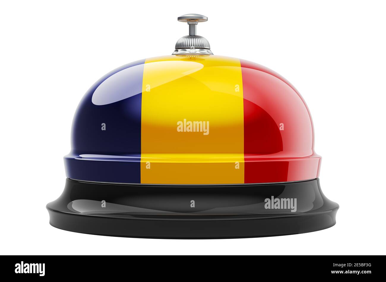 Campanello di ricezione con bandiera rumena, rendering 3D isolato su sfondo bianco Foto Stock