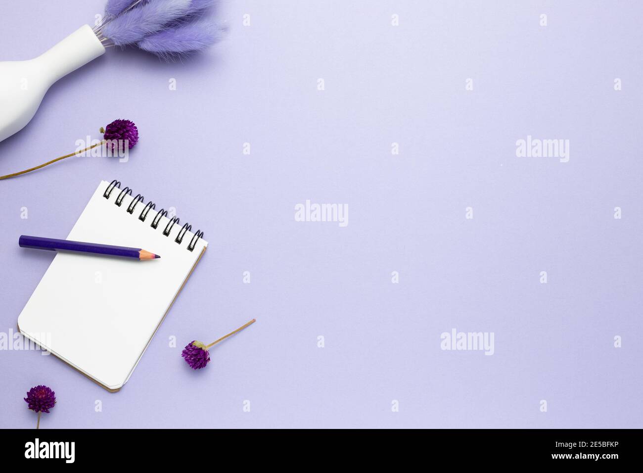 Taccuino, matita colorata, fiori secchi su sfondo viola. Posa piatta, vista dall'alto, spazio per la copia Foto Stock