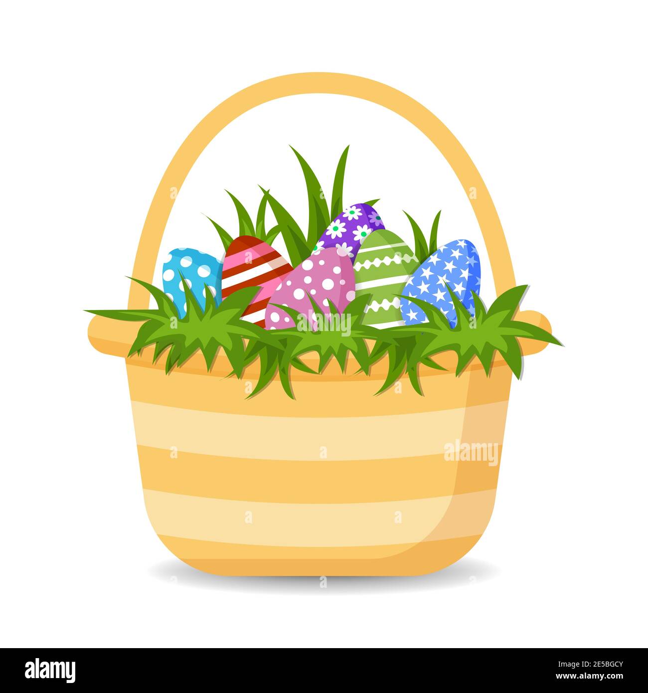 Cestino con le colorate uova di Pasqua felice e l'erba. Illustrazione vettoriale isolata su sfondo bianco Illustrazione Vettoriale