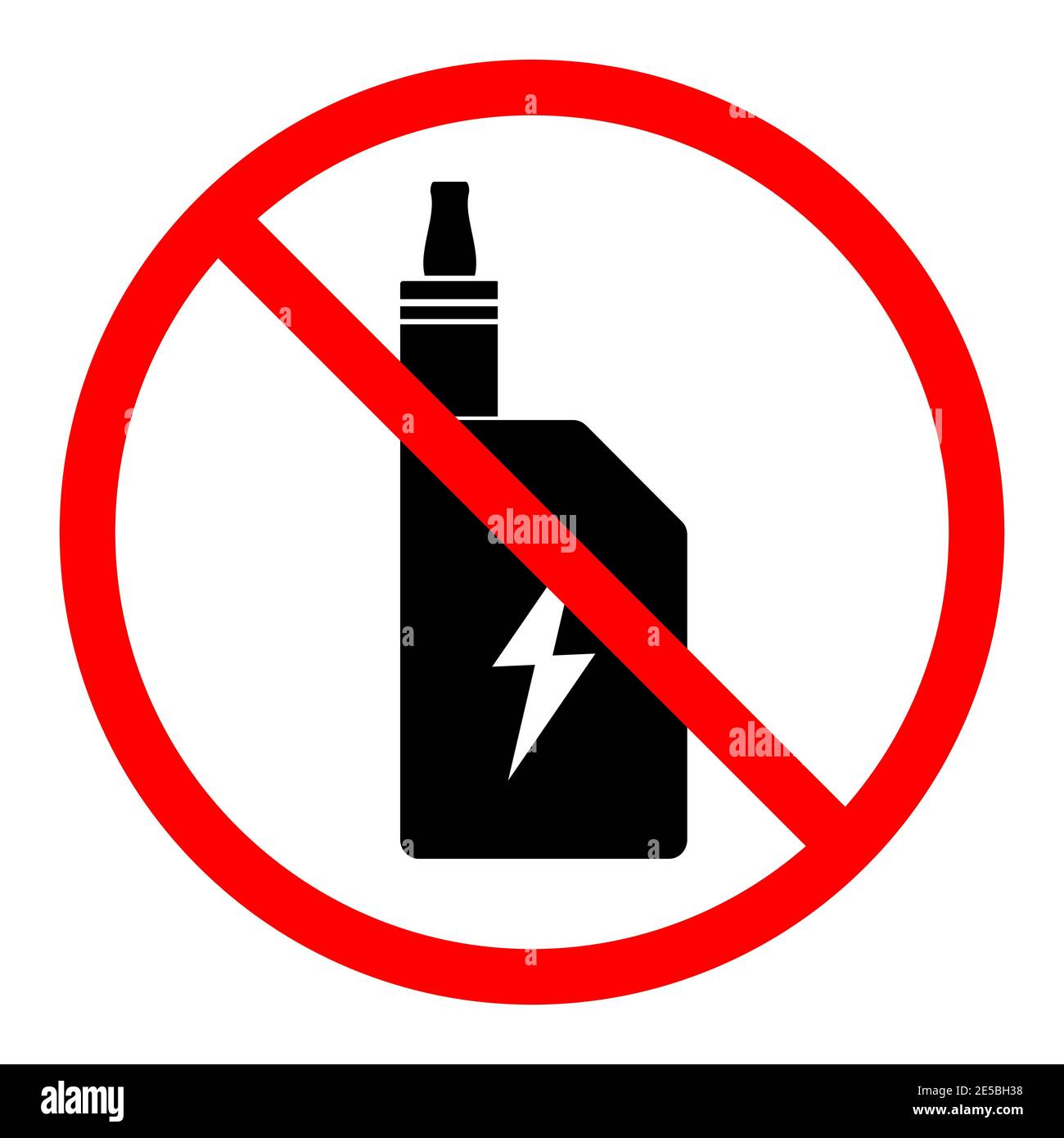 Icona del divieto elettronico di sigaretta. È vietato fumare. Stop o BAN rosso con icona sigaretta elettronica. Illustrazione vettoriale. Segnale vietato. Illustrazione Vettoriale