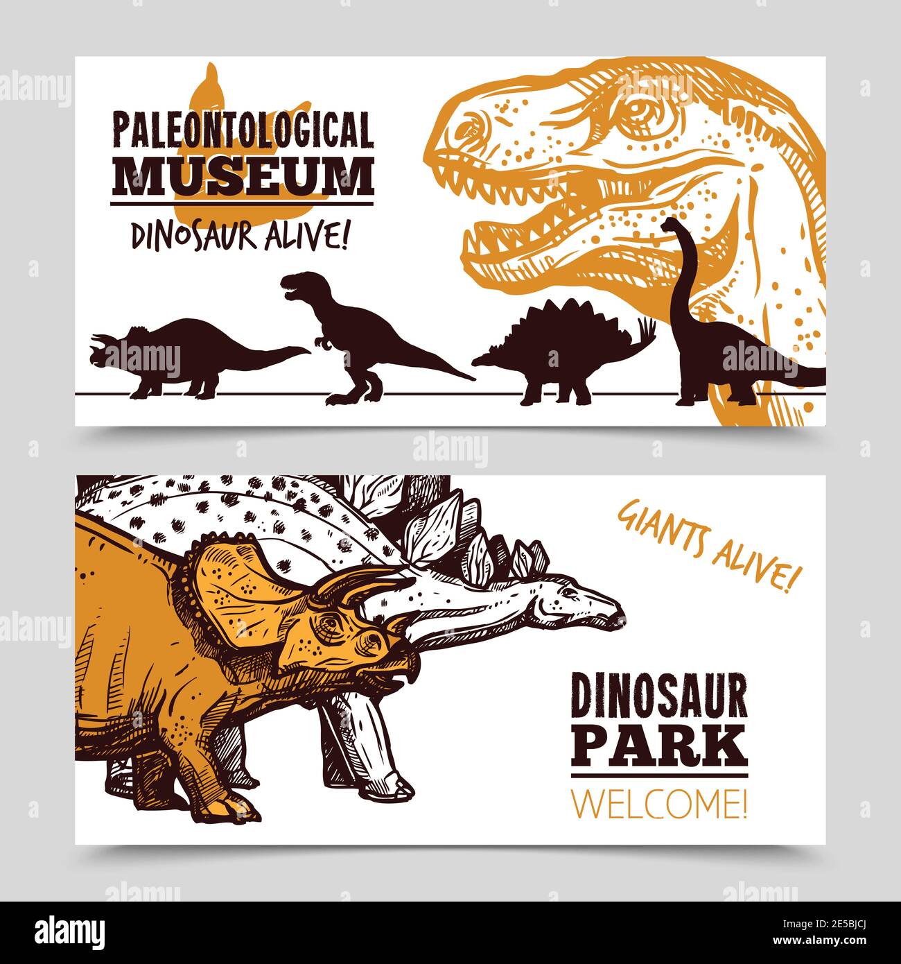 Paleontologia museo dinosauri animazione esposizione per i visitatori del parco giuridico con i banner figlio impostano l'illustrazione vettoriale isolata astratta Illustrazione Vettoriale