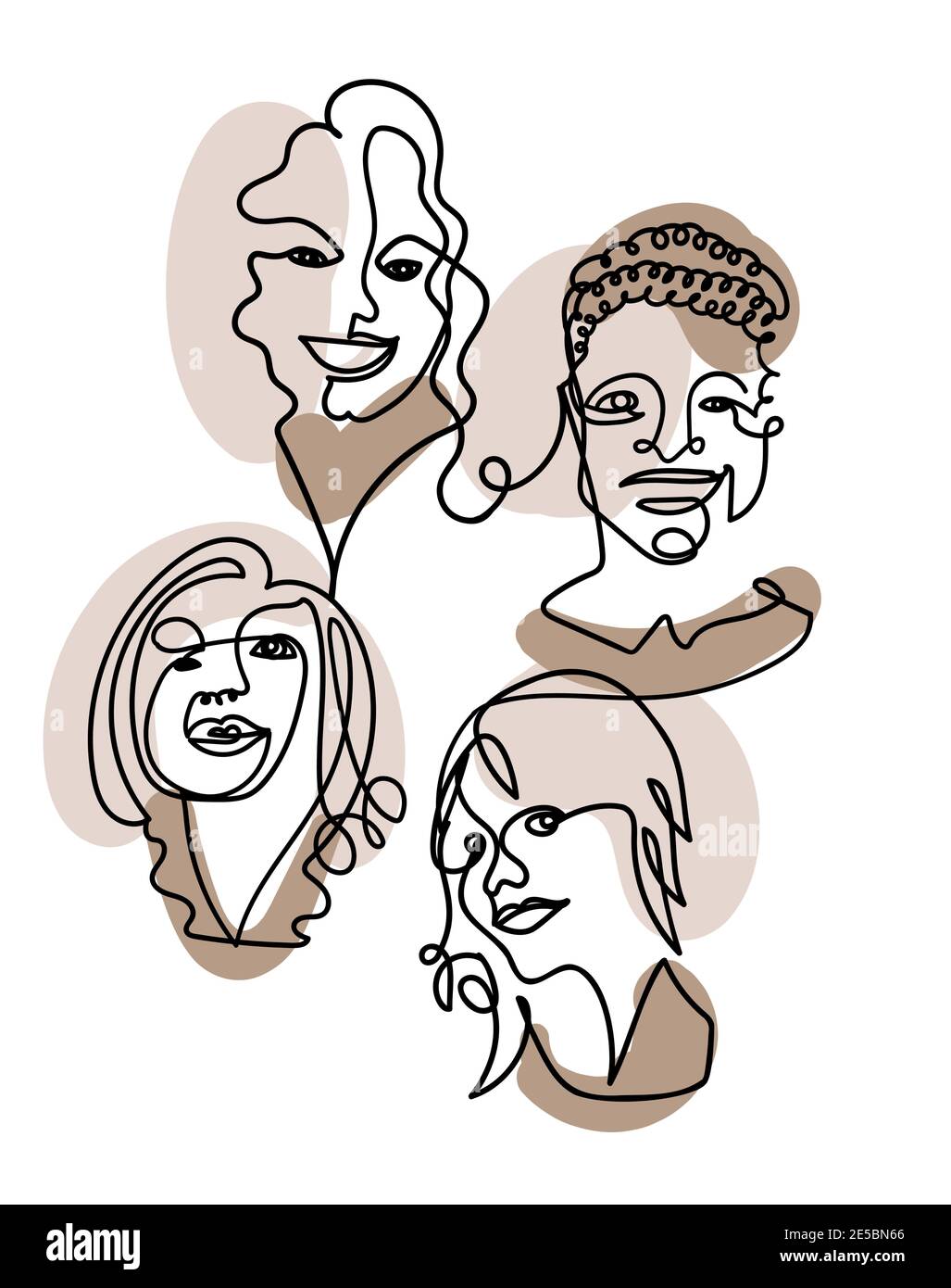 Ritratti astratti contemporanei di donne disegnate con una linea e alcune macchie di colore sullo sfondo. Illustrazione vettoriale line art Illustrazione Vettoriale