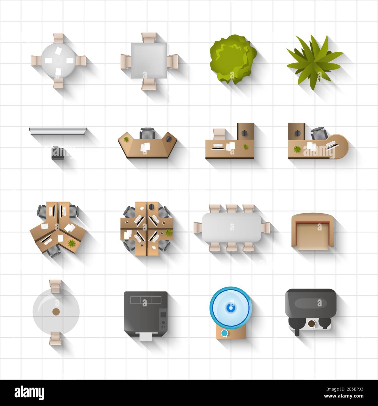 Icone per mobili da ufficio vista dall'alto Imposta illustrazione vettoriale isolata Illustrazione Vettoriale