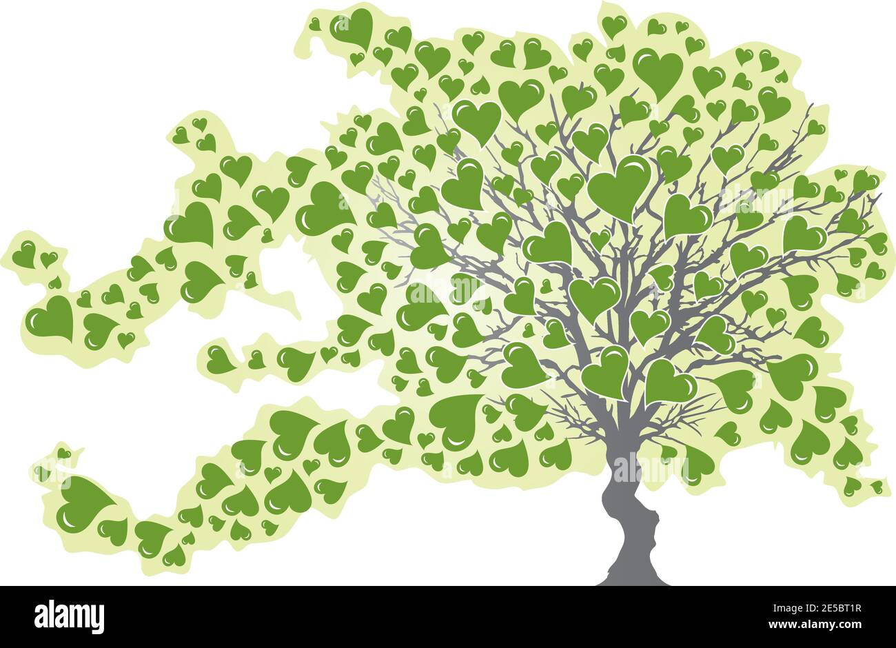 Albero nel vento con cuori verdi che cadono Illustrazione Vettoriale