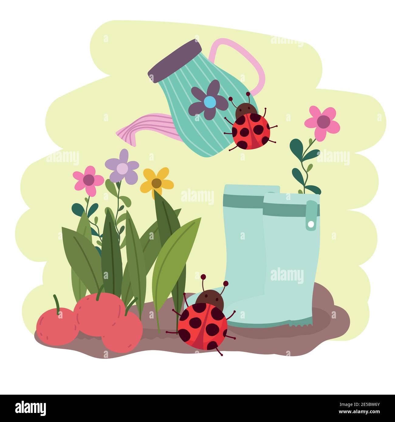 Giardinaggio annaffiatura può stivare mele ladybird e fiori vettore illustrazione Illustrazione Vettoriale