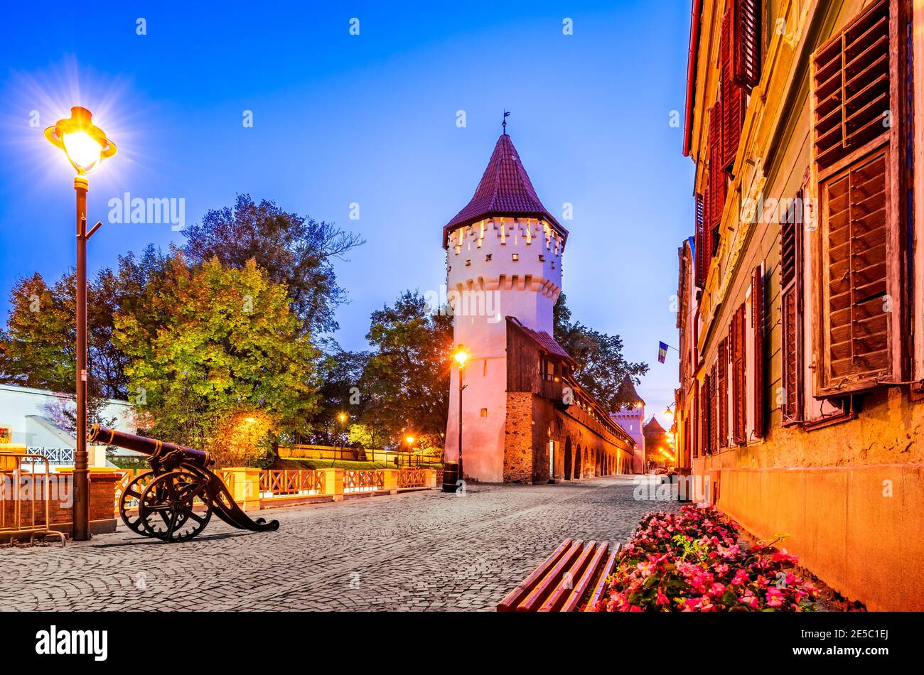Città vecchia medievale e la Torre dei Carpentieri nella città di Sibiu, regione della Transilvania, Romania Foto Stock