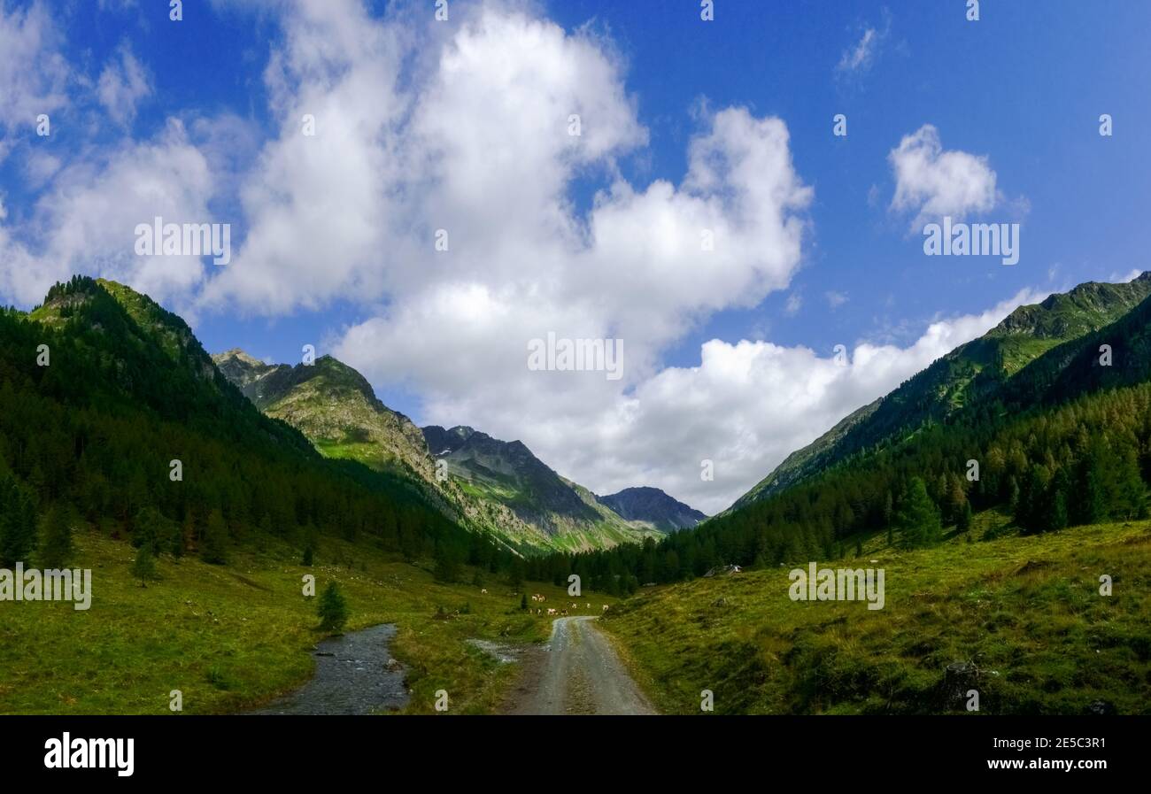 strada sterrata nelle montagne con nuvole bianche sul vista panoramica del cielo Foto Stock