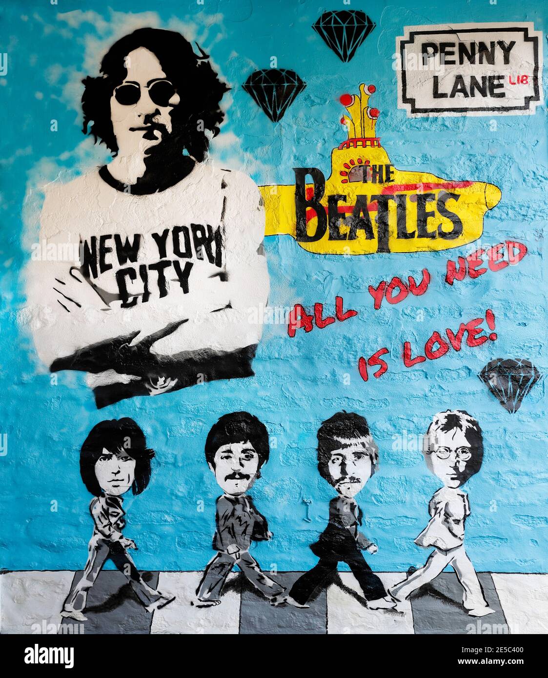 L'arte murale dei Beatles, di un artista sconosciuto, si può vedere a Skipton North Yorkshire, 2020 Foto Stock