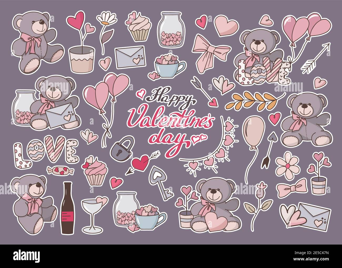 Adesivi romantici divertenti. Raccolta vettoriale di scorie colorate per una nota. San Valentino Illustrazione Vettoriale