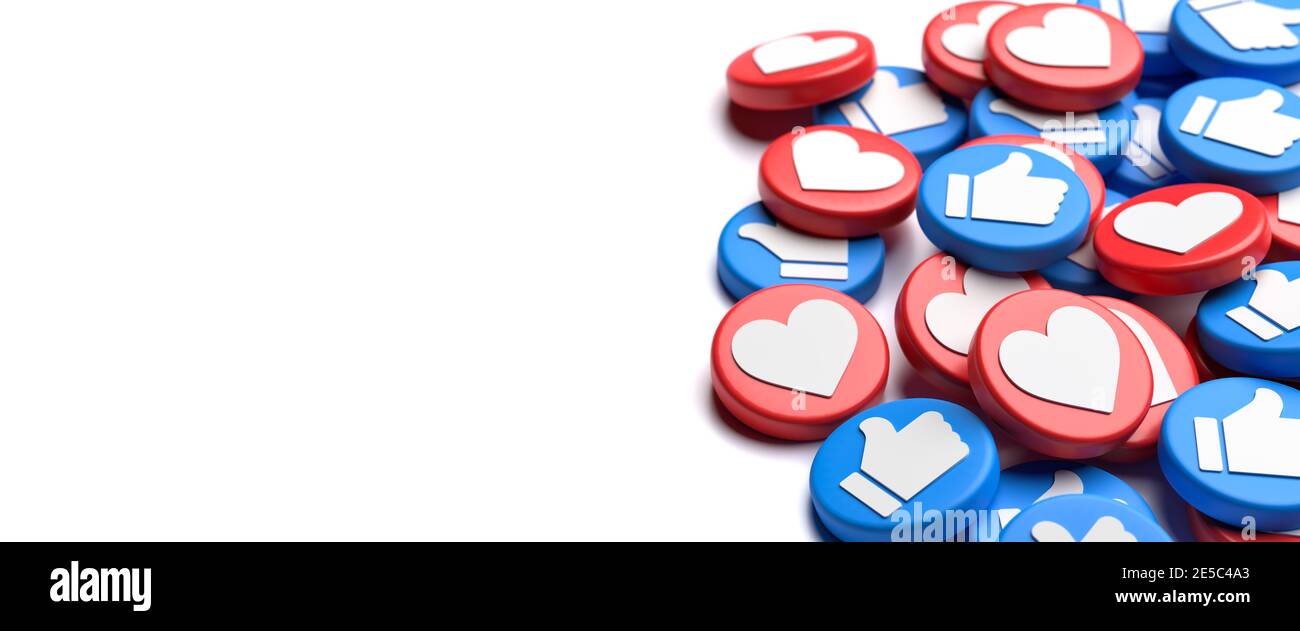 Un mix di pulsanti simili con un cuore bianco su pollici rossi e bianchi su blu su un mucchio. Sfondo bianco. Concetto di social media. Formato banner Web con Foto Stock