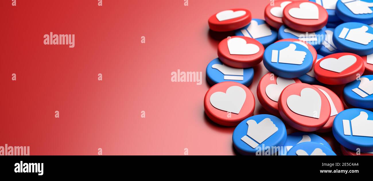 Un mix di pulsanti simili con un cuore bianco su pollici rossi e bianchi su blu su un mucchio. Sfondo rosso. Concetto di social media. Formato banner Web con co Foto Stock