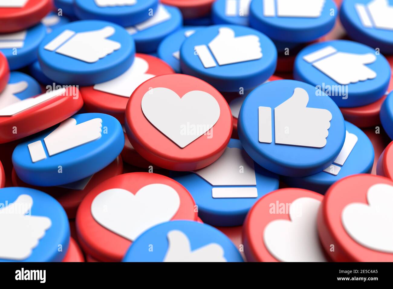 Un mix di pulsanti simili con un cuore bianco su pollici rossi e bianchi su blu su un mucchio. Concetto di social media. Formato banner Web con spazio di copia. Foto Stock