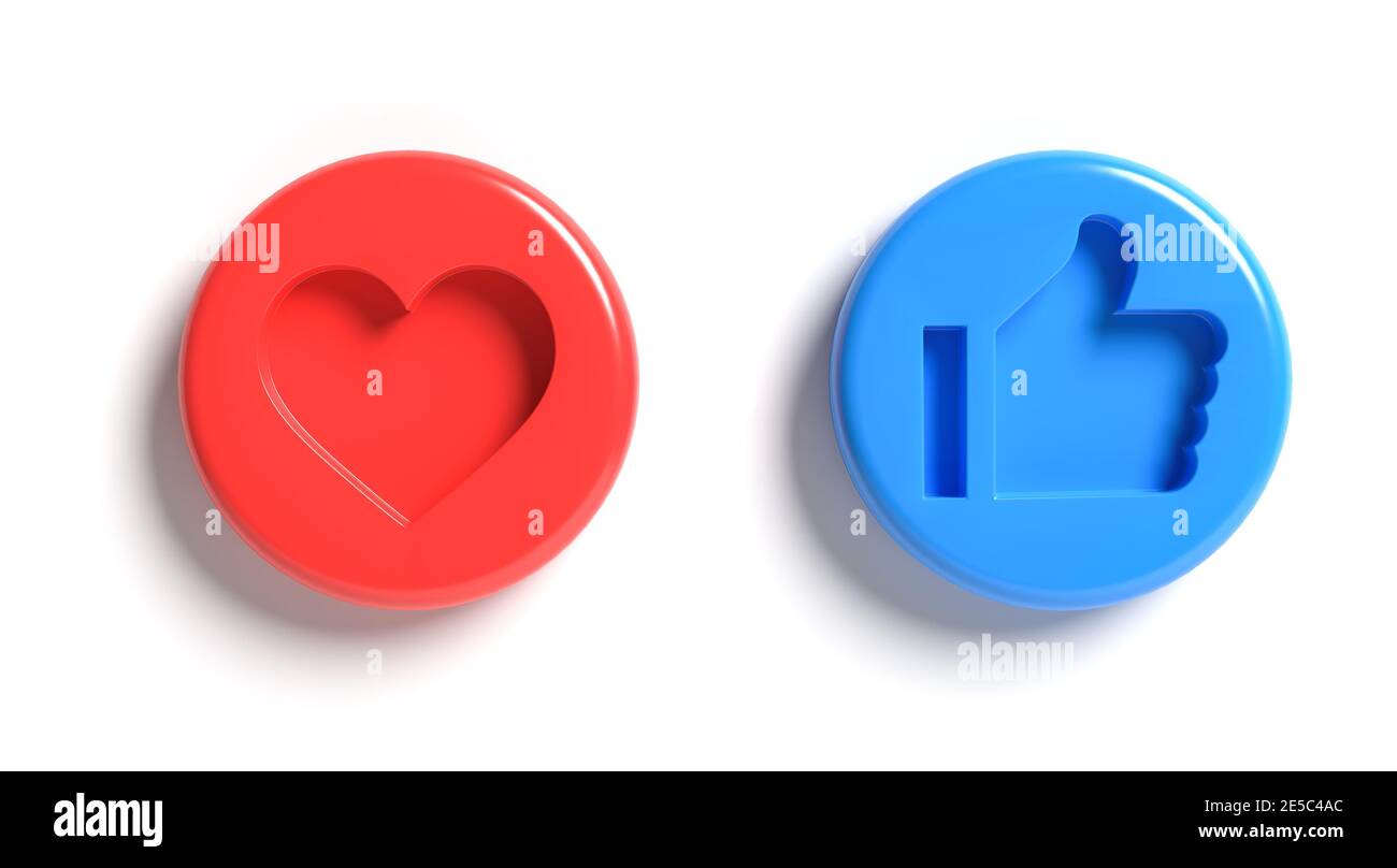 Un pulsante di colore rosso con un cuore inciso e un pulsante blu con pollice in alto isolato su bianco. Concetto di social media Foto Stock