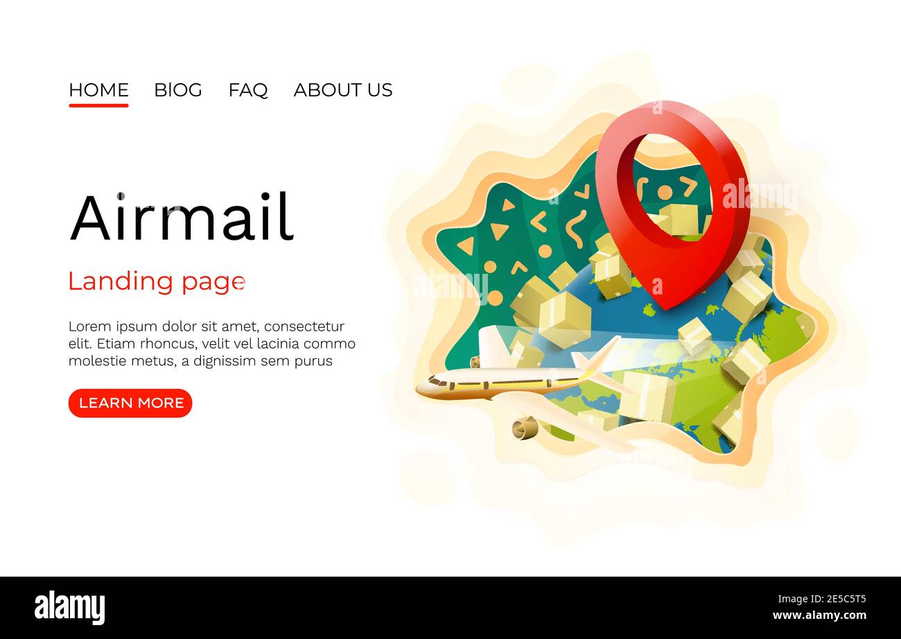 AirMail, consegna dell'acquisto, indirizzo di consegna del corriere. Navigazione dei pacchetti di localizzazione, logistica dei servizi delle applicazioni, progettazione di siti Web online. Illustrazione vettoriale Illustrazione Vettoriale