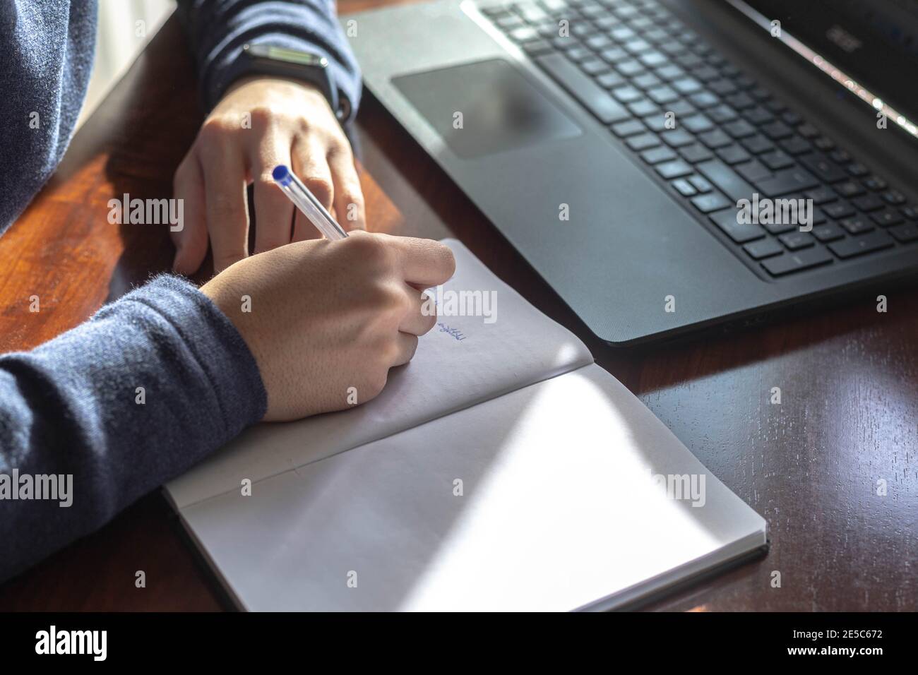 adolescente che studia e prende appunti in un notebook mentre è online sul concetto di studio online del computer portatile Foto Stock