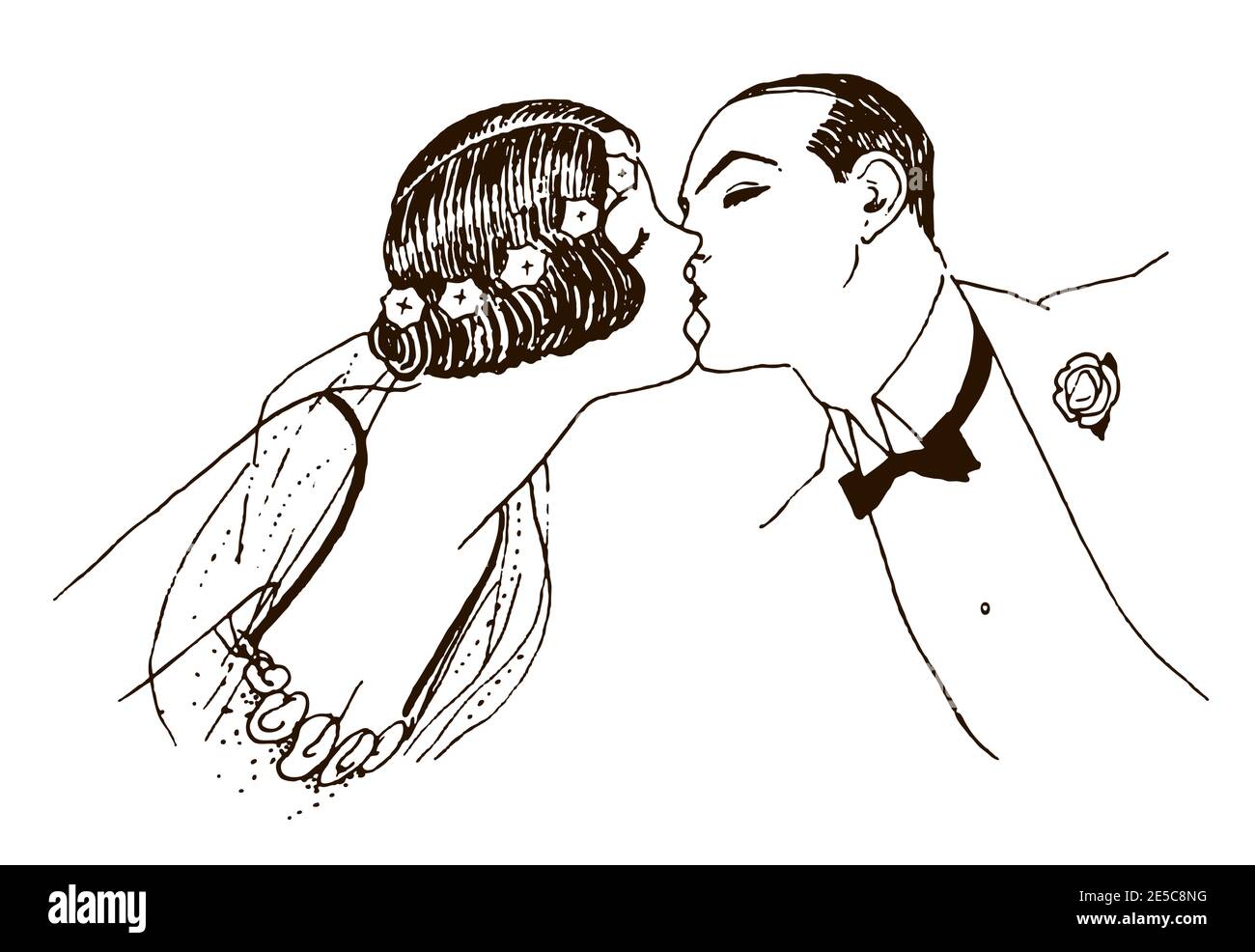 Uomo e donna degli anni 20 si baciano Illustrazione Vettoriale