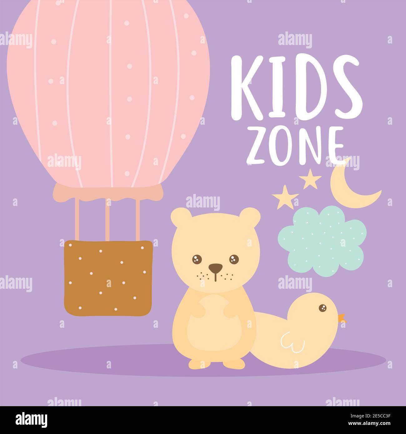 caratteri zona bambini e set di icone carine su un sfondo viola Illustrazione Vettoriale