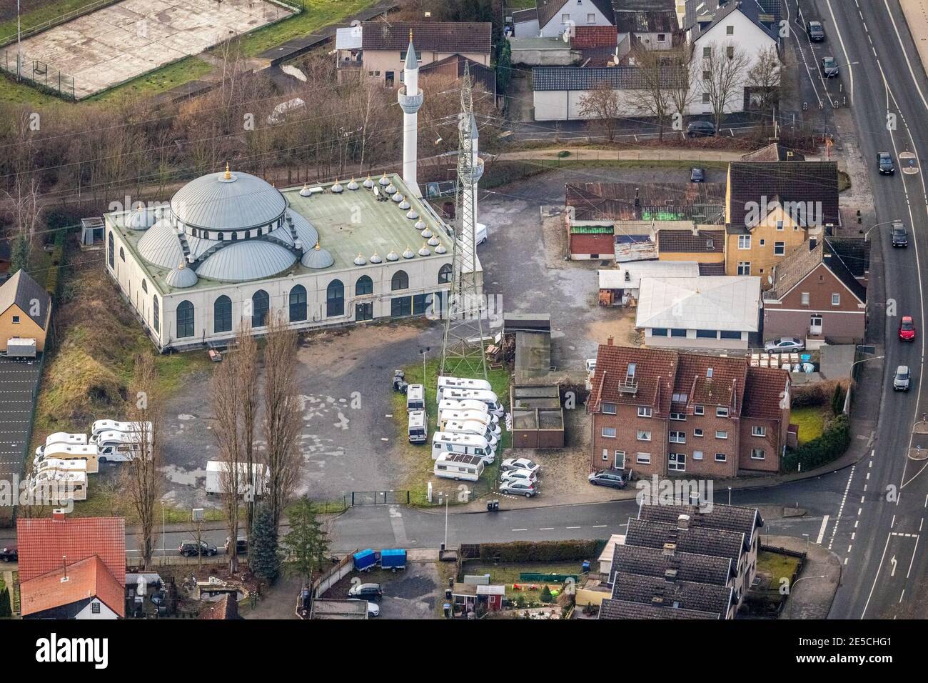 Luftbild Ulu Moschee im Ortsteil Herringen in Hamm, Ruhrgebiet, Nordrhein-Westfalen, Deutschland, Andachtstätte, DE, Dortmund Straße, Europa, Glaube Foto Stock