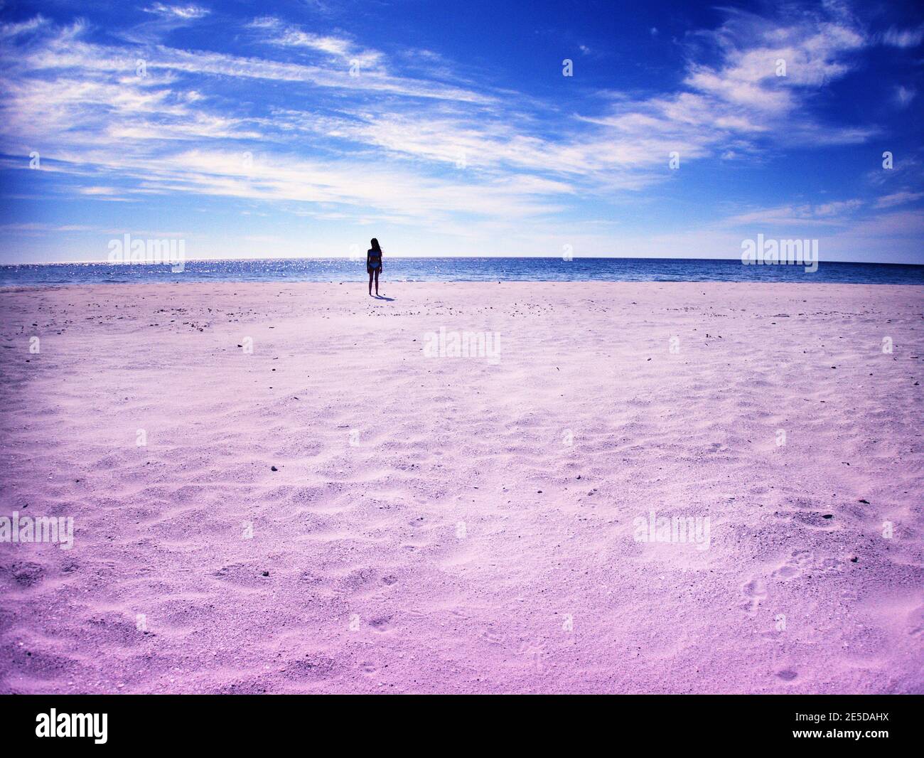Ragazza in piedi sulla spiaggia di sabbia rosa, Sardegna, Italia Foto Stock