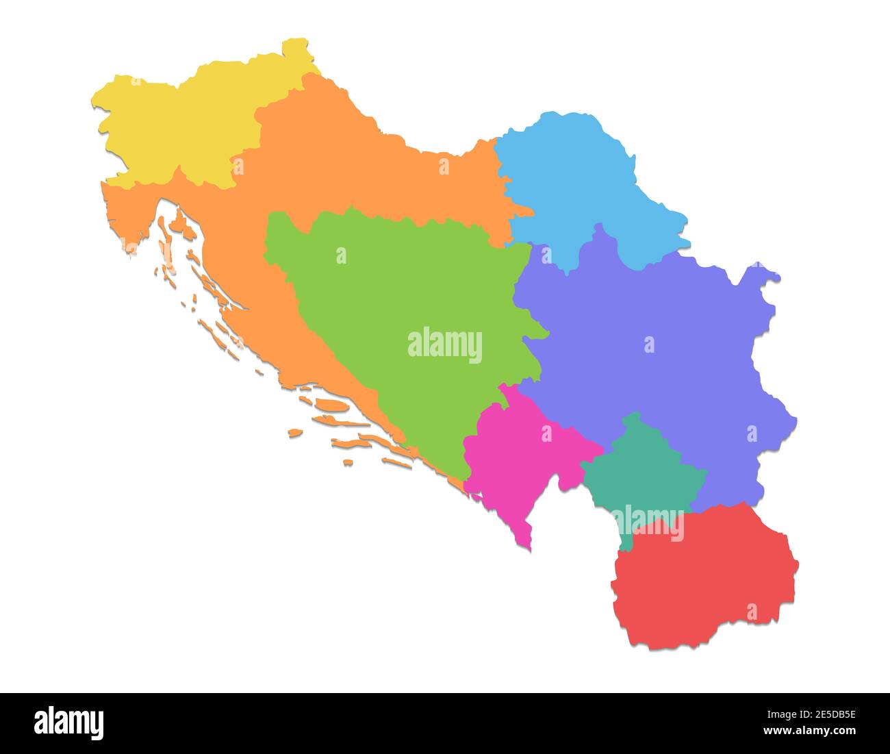 Mappa jugoslava, divisione amministrativa, singole regioni separate, mappa colori isolata su sfondo bianco vuoto Foto Stock