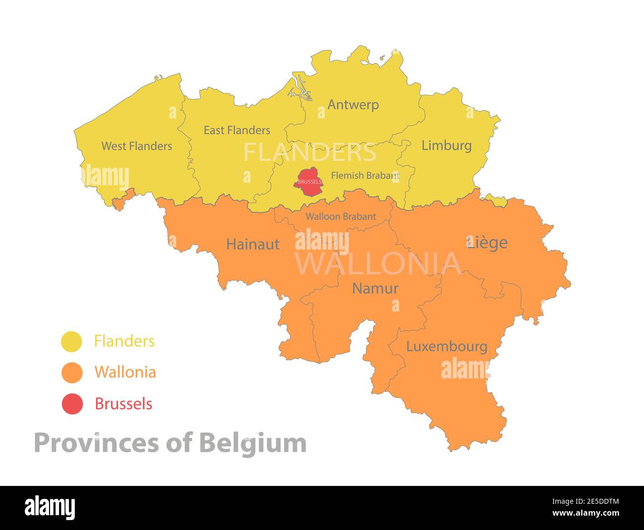 Mappa del Belgio, Province del Belgio, separa regioni e nomi, mappa dei colori isolata su vettore di sfondo bianco Illustrazione Vettoriale