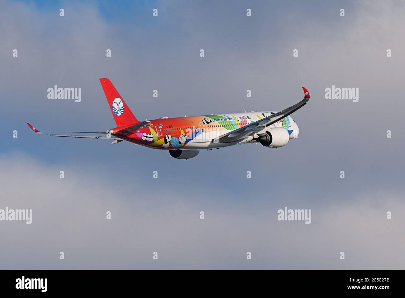 A Sichuan Airlines Airbus A350-900 jetliner (B-301D) dipinto in speciale livrea Panda, in volo dopo la partenza dall'Aeroporto Internazionale di Vancouver. Foto Stock