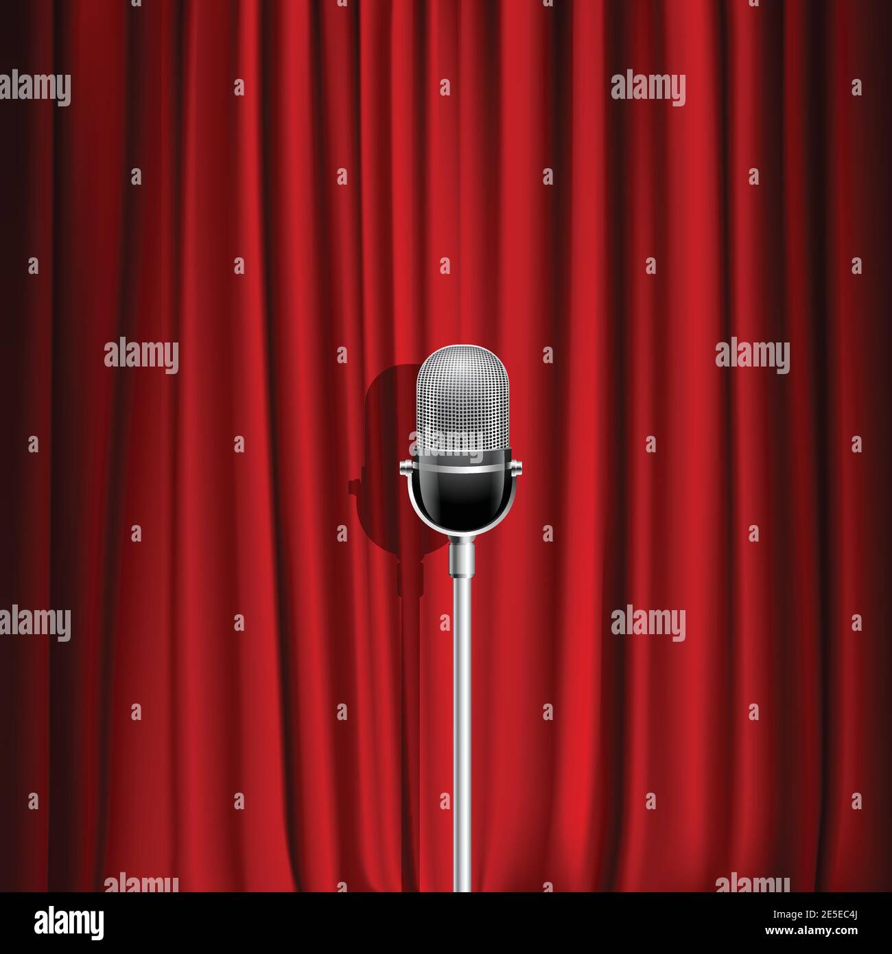 Microfono e sfondo realistico con tenda rossa come vettore di simboli di scena illustrazione Illustrazione Vettoriale