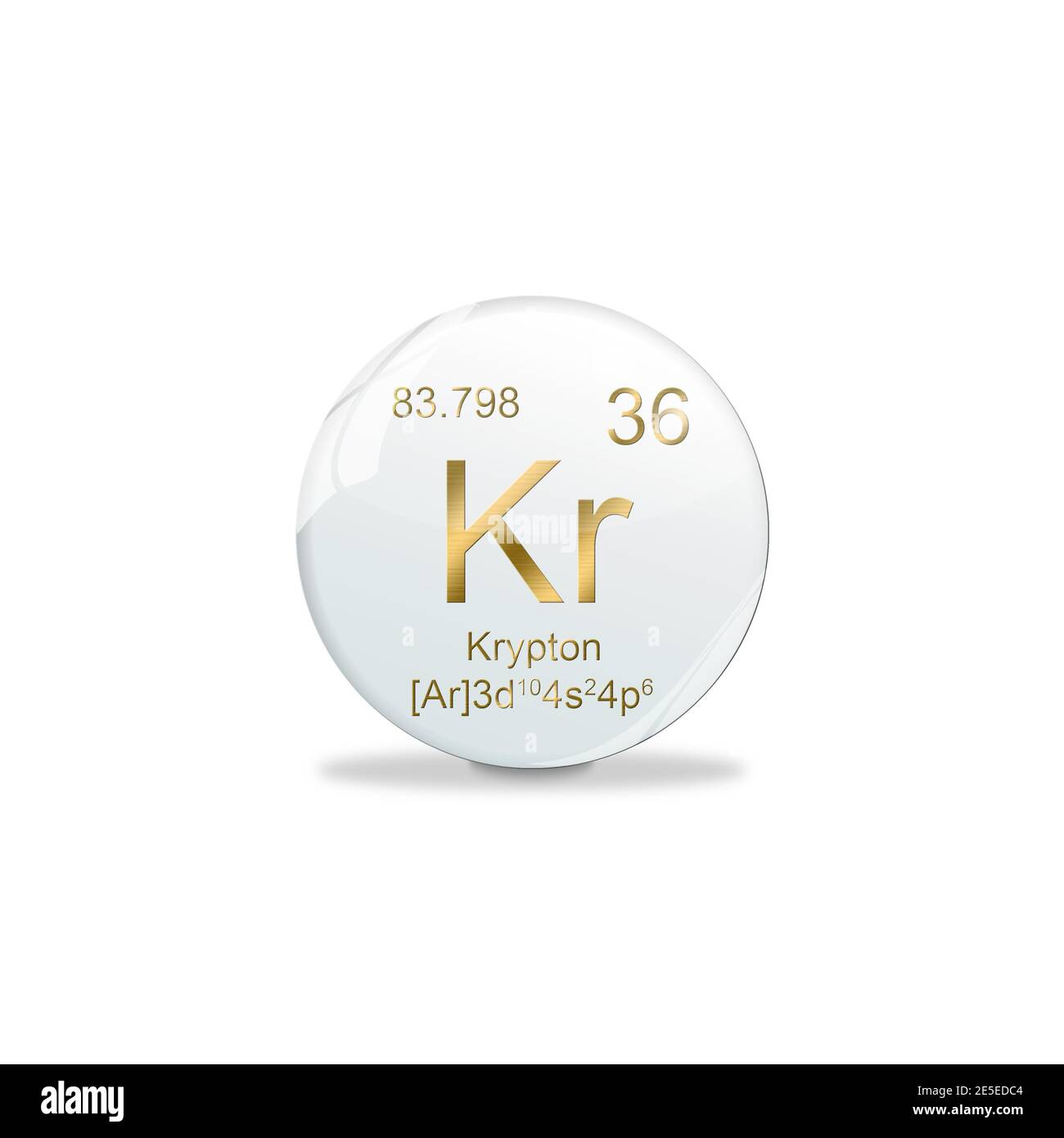 Illustrazione 3D, simbolo di Krypton - KR. Elemento del tavolo periodico su pallina bianca con segni dorati. Sfondo bianco Foto Stock