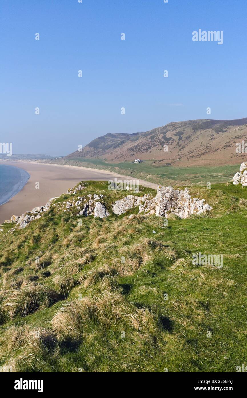 Rhossili Beach sulla penisola di Gower Galles Regno Unito terza spiaggia migliore in Europa costa gallese costa britannica Foto Stock
