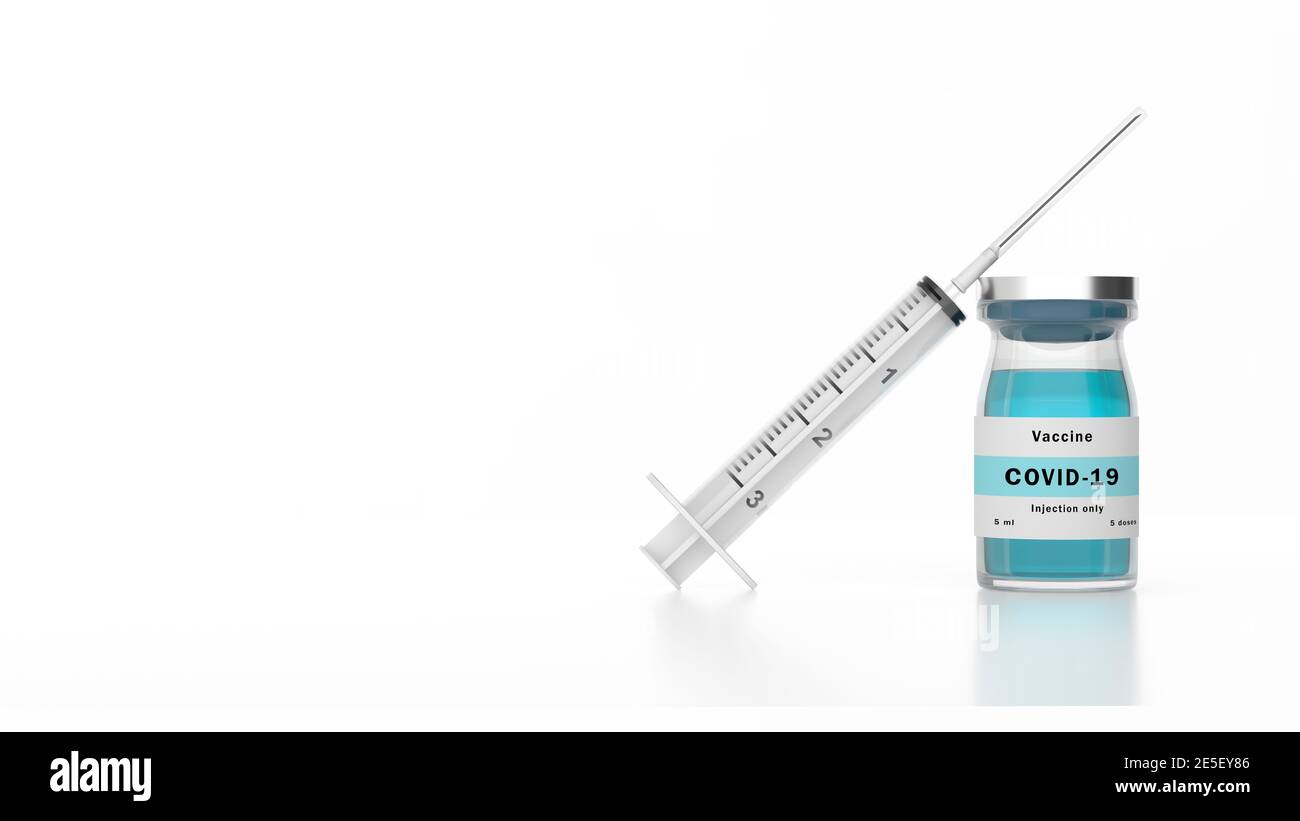 Illustrazione di un vaccino contro il coronavirus Sars-Cov-2. Rimedio clinico approvato per Covid-19. Rendering 3D Foto Stock